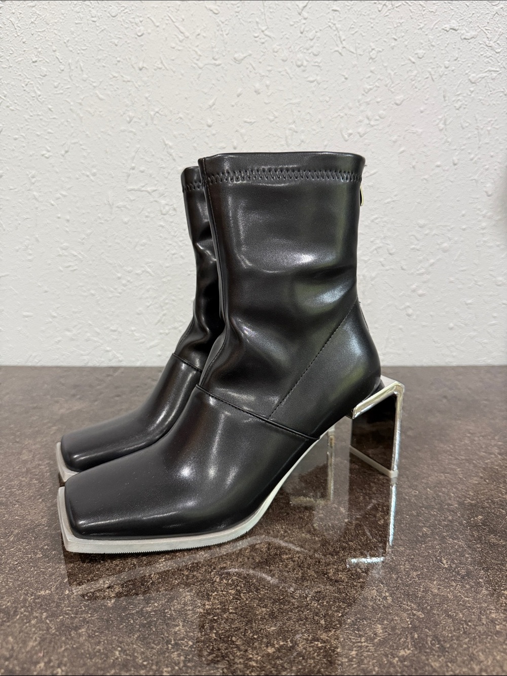 AZALEA WANG ANANT BLACK METAL OUTSOLE BOOTIE SQUARE TOE BOOTS SIZE 8.5 - Picture 3 of 14
